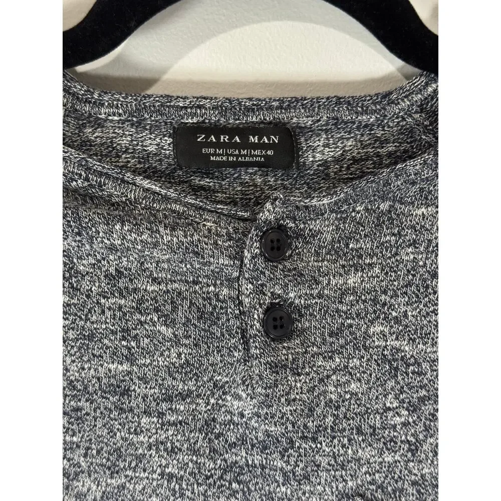 ZARA Man Heathered Blue Long Sleeve Henley Shirt Size M – Soft Knit Casual Top